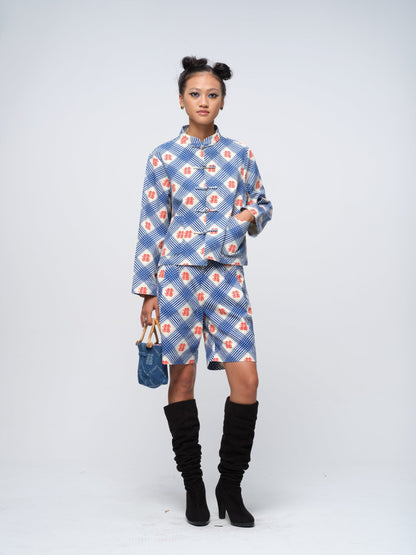 Xi Fang Big Bamboo Bag, dark denim, worn with a jacket