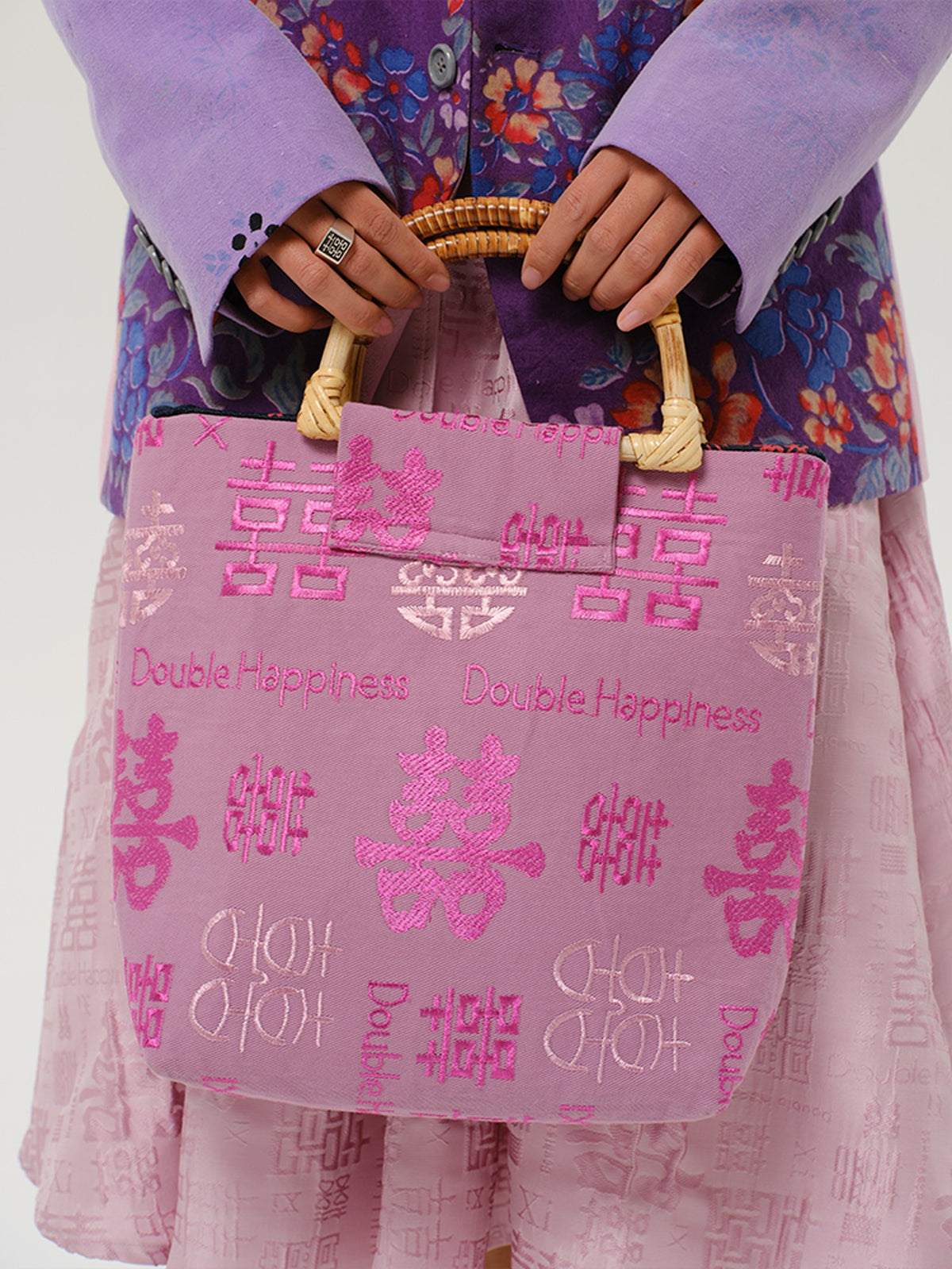 Xi Fang Big Bamboo Bag, pink, detail of the bamboo handle