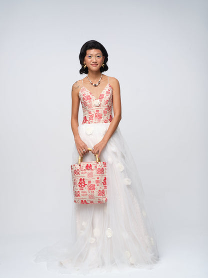 Xi Fang Big Bamboo Bag, red window flower, worn